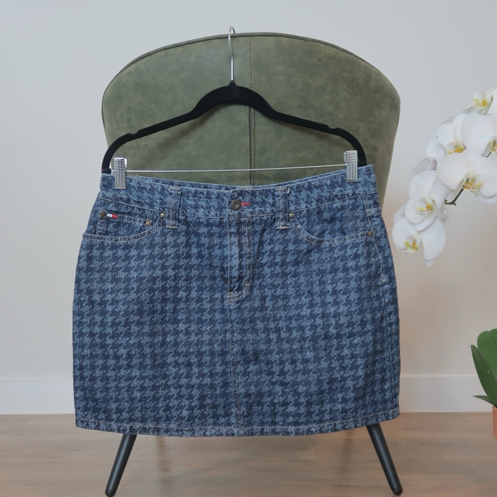 Tommy Hilfiger Blue Denim Houndstooth Mini Skirt - Size 12 Y2K 90's Style